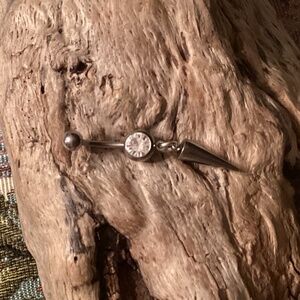 Cubic Zirconia 14G Barbell Belly Ring w/ Stainless Steel Spike Dangle